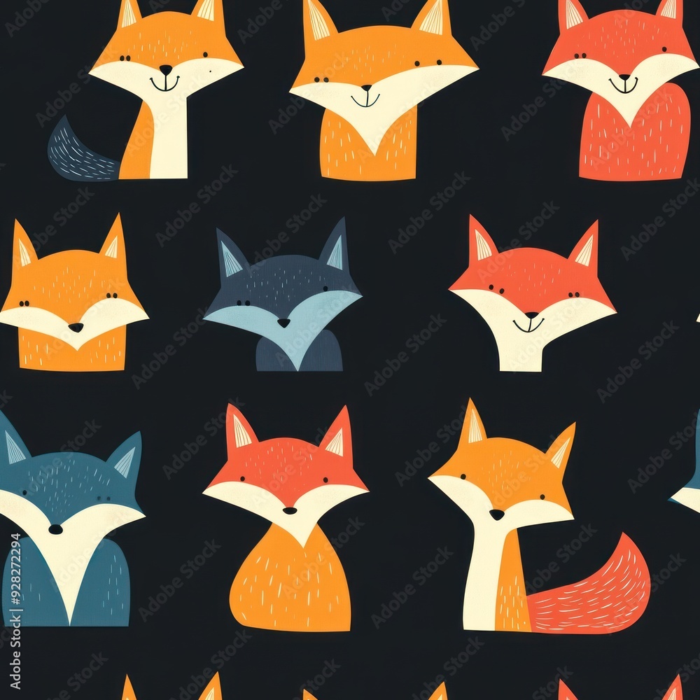 A playful pattern featuring stylized foxes in various colors and expressions on a dark background. A playful pattern featuring stylized foxes in various colors and expressions on a dark background.