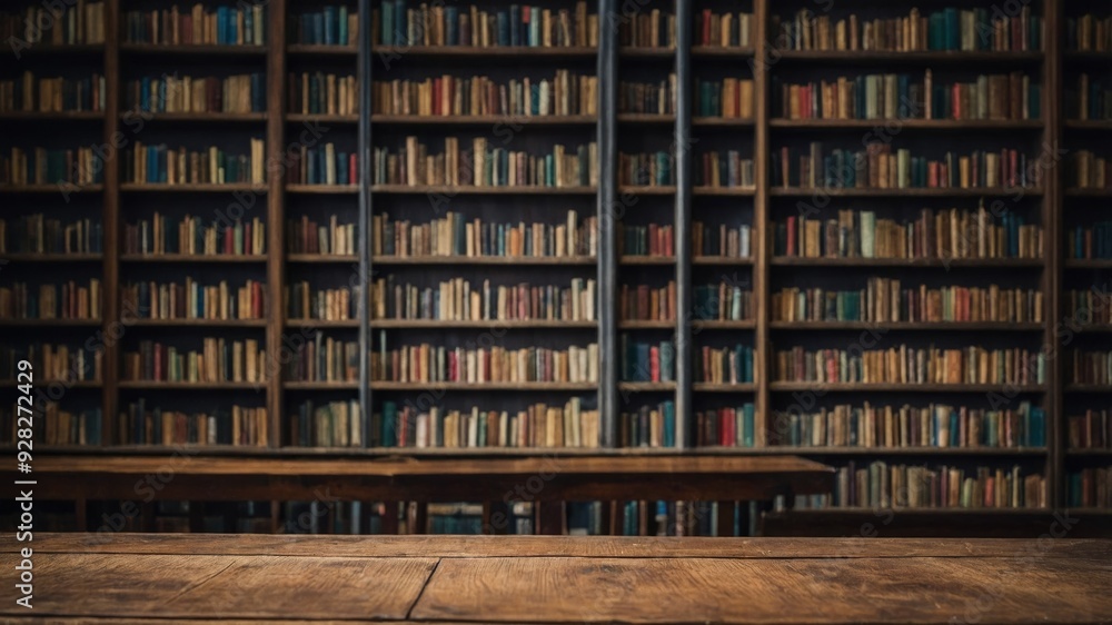 An antique wooden table in a library surrounded by shelves of old books. An antique wooden table in a library surrounded by shelves of old books.