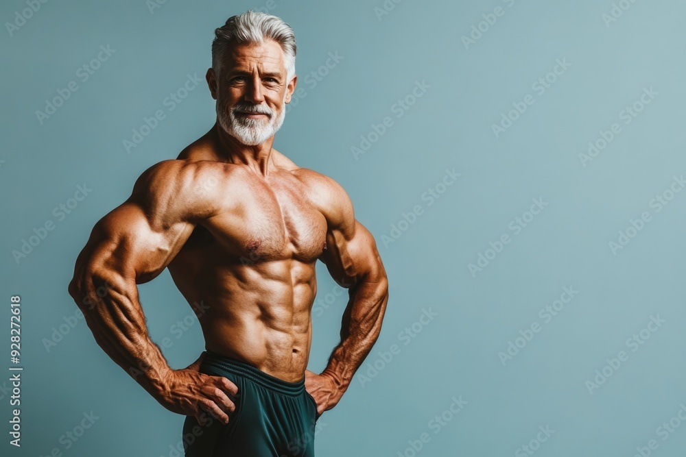 A fit senior man with a muscular body, confidently posing against a solid-colored backdrop, highlighting his fitness achievements A fit senior man with a muscular body, confidently posing against a solid-colored backdrop, highlighting his fitness achievements