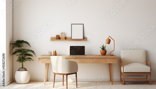 Minimalist Home Office Desk with Laptop Chair and Lamp