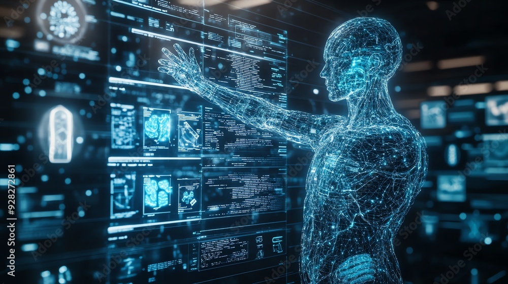 Futuristic Human Interacting with Digital Interface. Futuristic Human Interacting with Digital Interface.