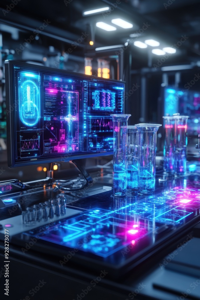 In a futuristic biology lab, advanced taxonomy and biochemistry pathways are visualized through holographic data. In a futuristic biology lab, advanced taxonomy and biochemistry pathways are visualized through holographic data.