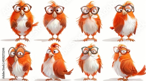 A collection of cute, cartoonish orange owls with glasses, displaying various expressions.