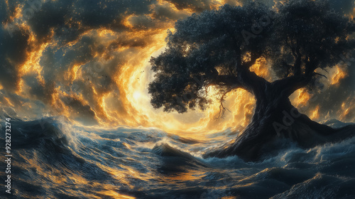 A tree is in the middle of a stormy ocean. The sky is filled with clouds and the water is rough. The tree is surrounded by waves and the sky is orange. Scene is intense and dramatic