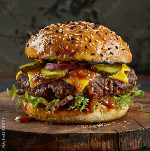 bread without seeds, double beef smash 100g, double cheddar cheese, pickled cucumber, raw onion,  sauce. photo