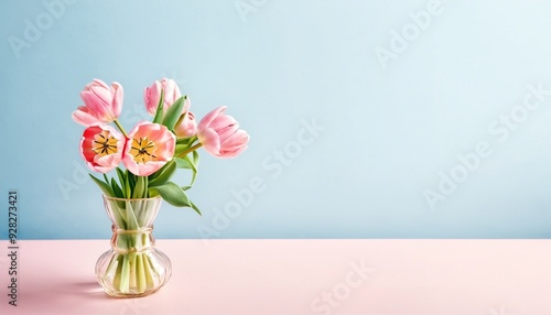 Wallpaper Mural Big flowers bouquet of pink tulips in vintage glass vase on blue background. Copy space. Business card. Invitation postcard. Mockup design. International holiday. Hello spring. 8 march. Greeting card. Torontodigital.ca