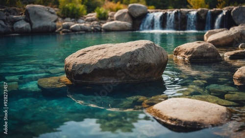 This natural swimming pool is surrounded by large boulders and features a small rockslide for added fun. photo