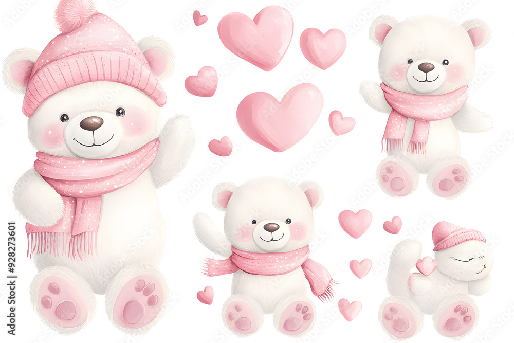 Cute teddy bear watercolor set in light pink pastel colors isolated on white background Cute teddy bear watercolor set in light pink pastel colors isolated on white background