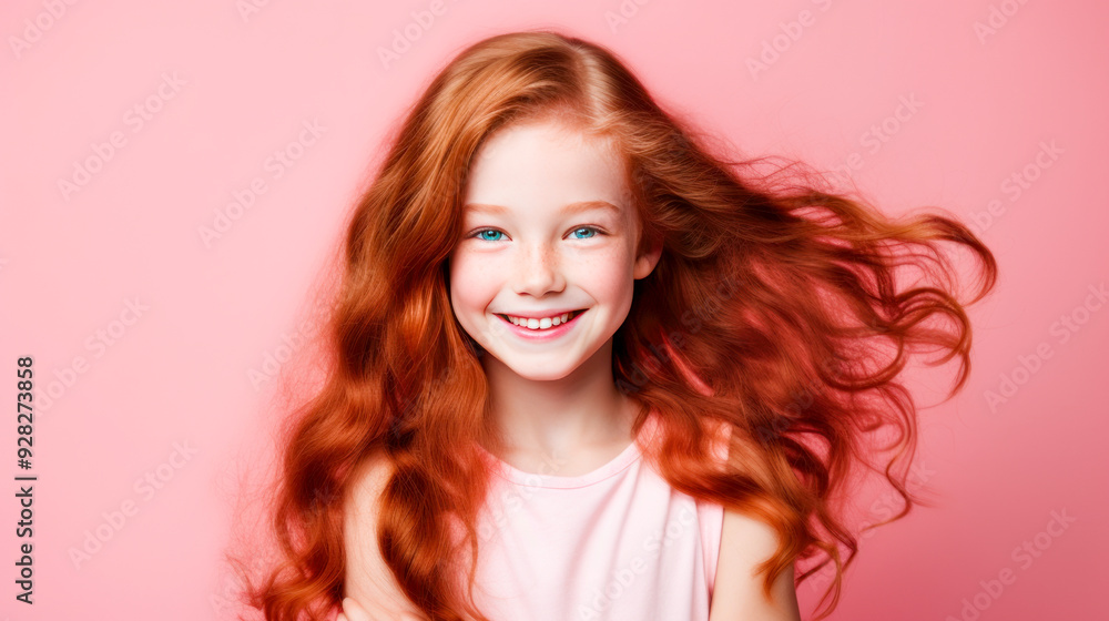 Portrait of a gorgeous cute smiling beautiful baby girl with red hair and perfect skin, pink background, banner. Portrait of a gorgeous cute smiling beautiful baby girl with red hair and perfect skin, pink background, banner.
