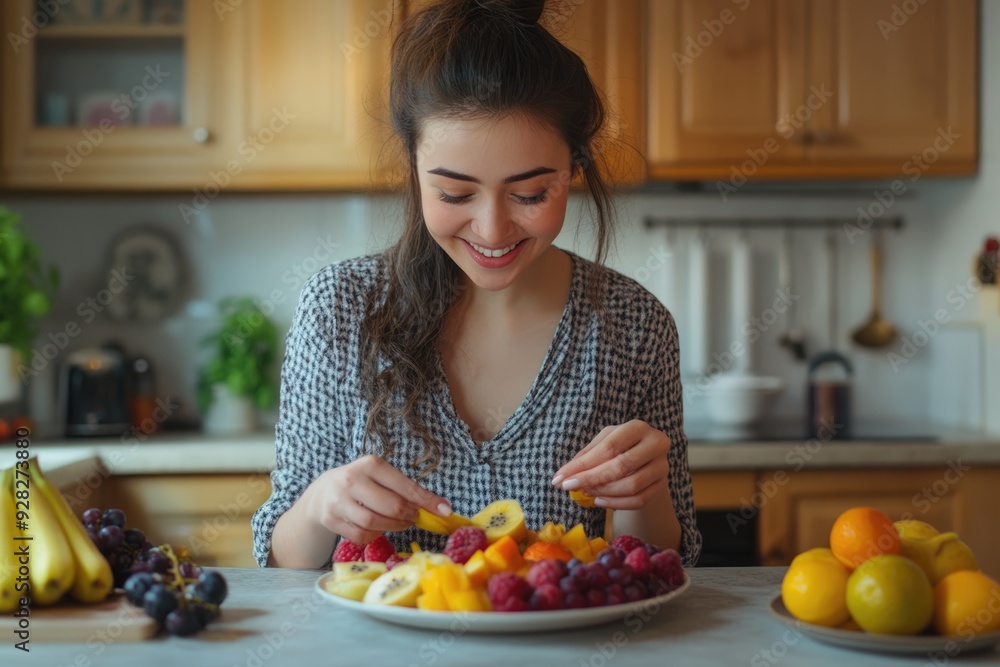 Joyful presenter woman in a cozy kitchen, arranging fruit on a plate with a smile, enjoying the process of creating a healthy snack at home Joyful presenter woman in a cozy kitchen, arranging fruit on a plate with a smile, enjoying the process of creating a healthy snack at home