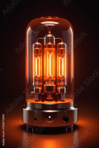 Glowing orange tube light on dark background, vertical composition