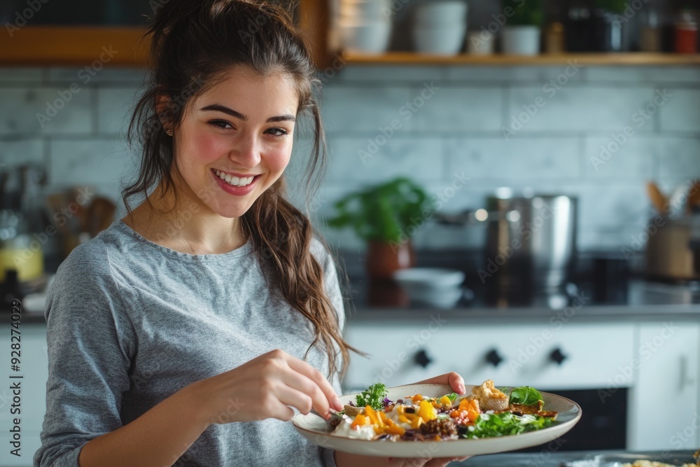 Happy young woman in a stylish kitchen, arranging food on a plate with a content smile, enjoying the process of creating a visually appealing meal at home Happy young woman in a stylish kitchen, arranging food on a plate with a content smile, enjoying the process of creating a visually appealing meal at home