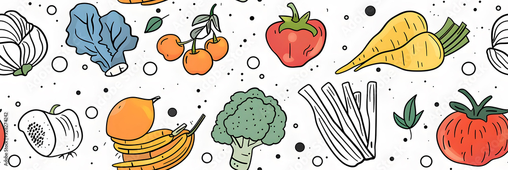 Seamless Minimalist Vibrant Hand-Drawn Pattern of Fresh Fruits and Vegetables. Tile Background for Packaging, Fabric, Textile, Decor, Wrap, and Fashion. Seamless Textile Fabric Design. Seamless Minimalist Vibrant Hand-Drawn Pattern of Fresh Fruits and Vegetables. Tile Background for Packaging, Fabric, Textile, Decor, Wrap, and Fashion. Seamless Textile Fabric Design.