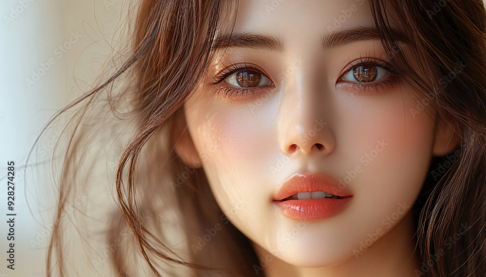 A young Asian woman with long hair and Korean makeup style showcasing perfect skin. A young Asian woman with long hair and Korean makeup style showcasing perfect skin.