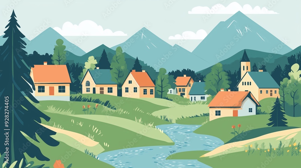 Tranquil village landscape with mountains and a winding river in a serene setting Tranquil village landscape with mountains and a winding river in a serene setting