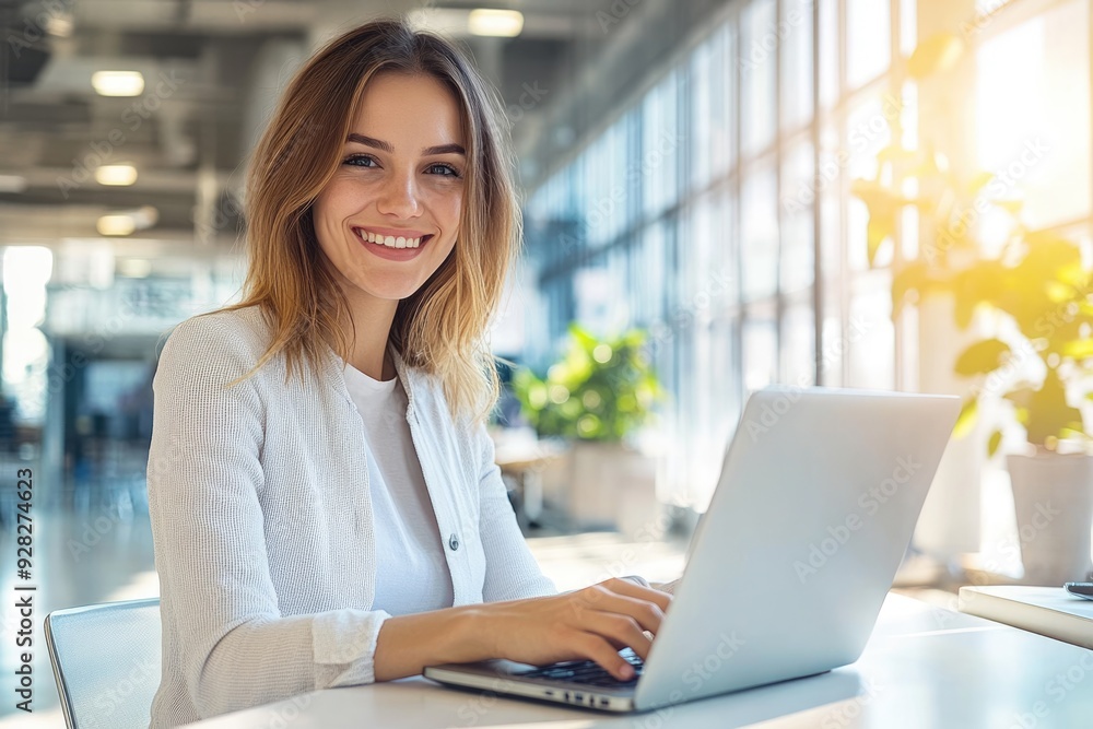 A young professional woman marketer, smiling as she works on her laptop in a bright, modern office, captured in a photorealistic, candid moment A young professional woman marketer, smiling as she works on her laptop in a bright, modern office, captured in a photorealistic, candid moment