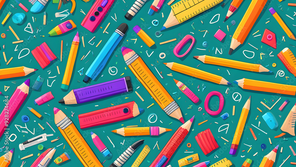 A variety of colorful stationery items scattered on a vibrant teal background, creating a lively and playful arrangement. A variety of colorful stationery items scattered on a vibrant teal background, creating a lively and playful arrangement.