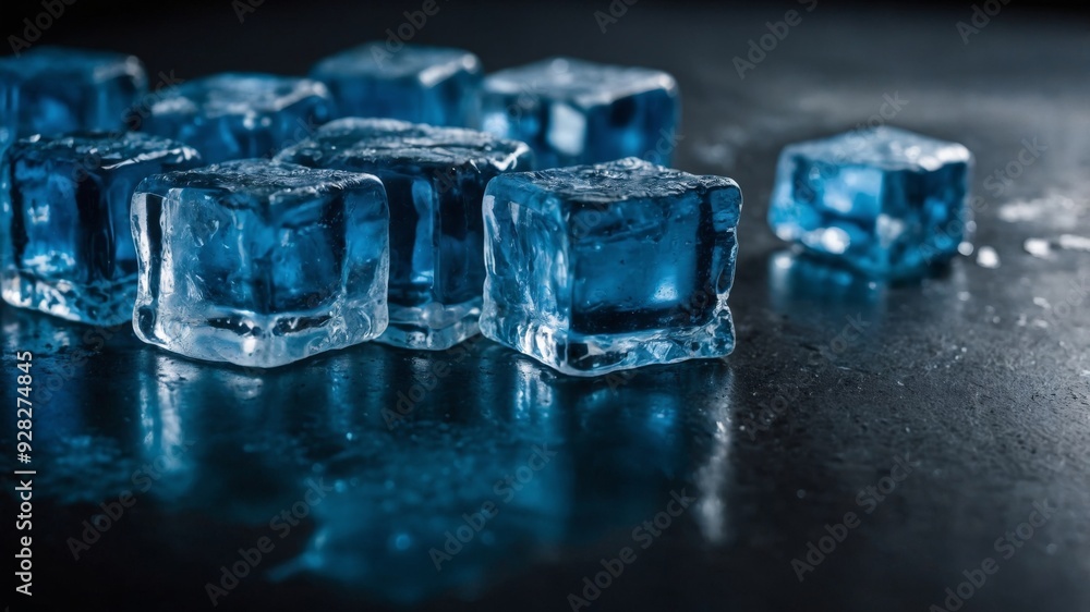 The striking blue ice cubes create a mirror like reflection on a sleek black table offering an eye catching image with ample copy space. The striking blue ice cubes create a mirror like reflection on a sleek black table offering an eye catching image with ample copy space.