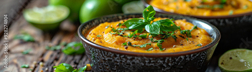 Crushed sweet potato in a bowl with basil leaves and limes in a background with space for text, created with Generative AI technology photo