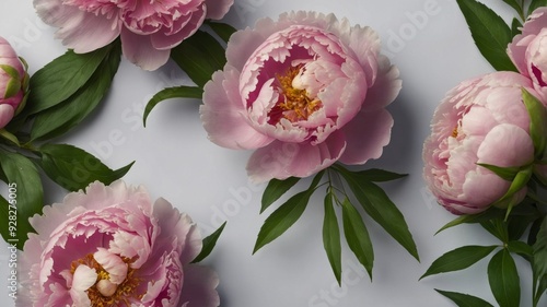 Fototapeta Naklejka Na Ścianę i Meble -  Floral background with pink peonies and green leaves.