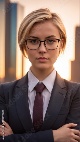 Portrait of a young woman with a short haircut in a business suit against the backdrop of a modern city.