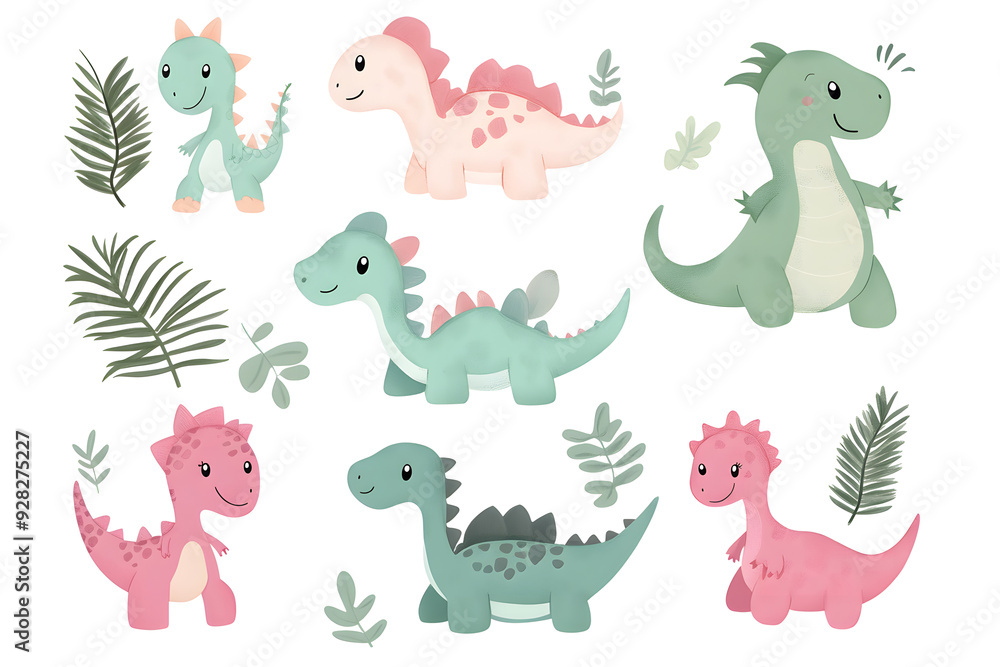 Watercolor style cartoon illustration set of cute little Dino or Dragon isolated on white background Watercolor style cartoon illustration set of cute little Dino or Dragon isolated on white background