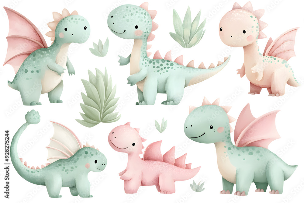 Watercolor style cartoon illustration set of cute little Dino or Dragon isolated on white background Watercolor style cartoon illustration set of cute little Dino or Dragon isolated on white background