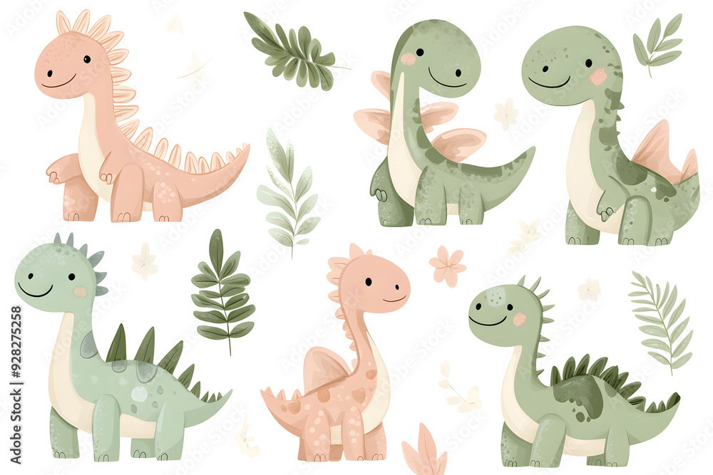 Fototapeta premium Watercolor style cartoon illustration set of cute little Dino or Dragon isolated on white background