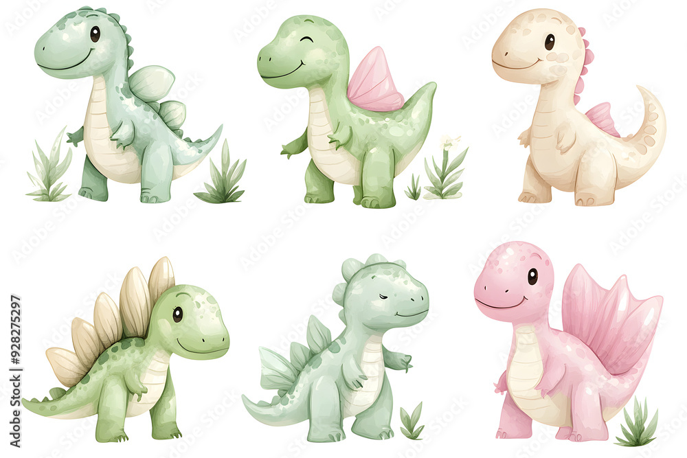 Fototapeta premium Watercolor style cartoon illustration set of cute little Dino or Dragon isolated on white background