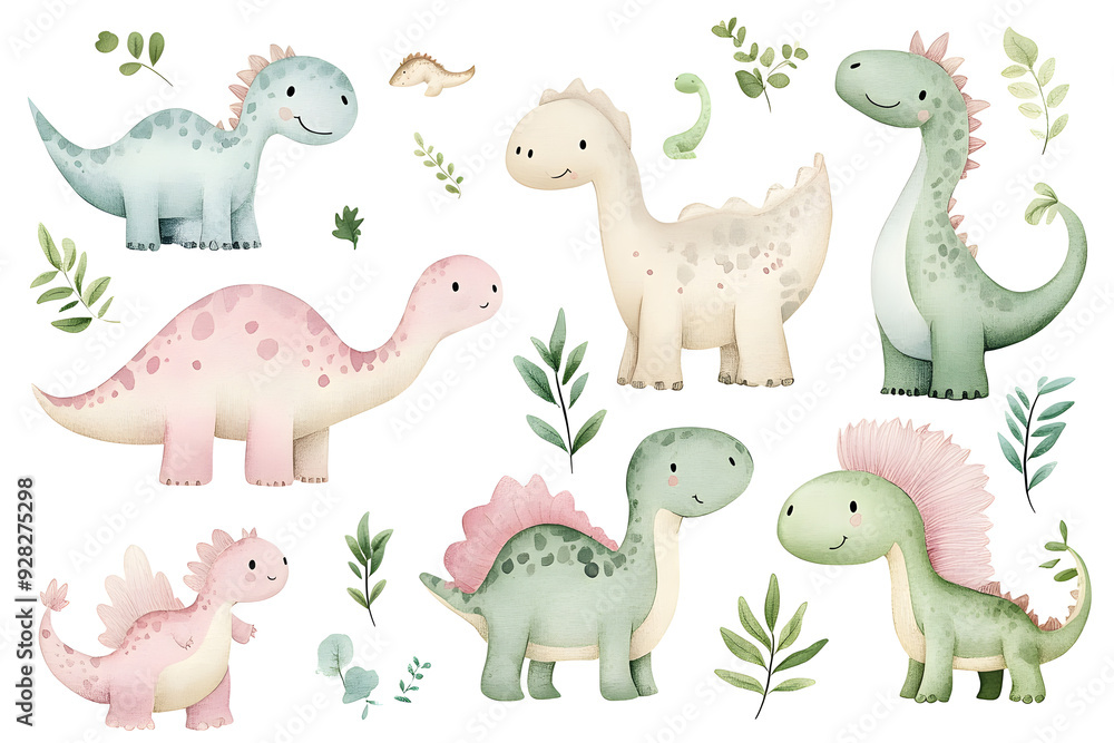 Watercolor style cartoon illustration set of cute little Dino or Dragon isolated on white background Watercolor style cartoon illustration set of cute little Dino or Dragon isolated on white background