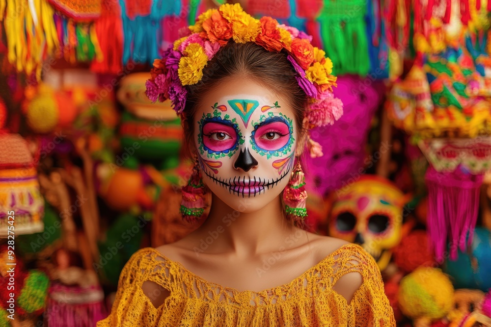 High-resolution brightly lit photorealistic photograph of a young woman with Mexican skull make-up art, her face painted in vibrant hues, surrounded by traditional Mexican decorations. The photograph High-resolution brightly lit photorealistic photograph of a young woman with Mexican skull make-up art, her face painted in vibrant hues, surrounded by traditional Mexican decorations. The photograph