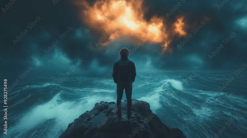 Obraz premium A man stands on a rock overlooking the ocean