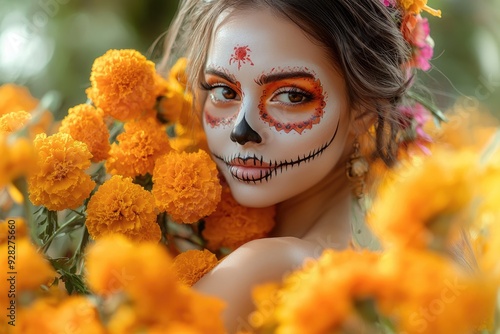 High-resolution brightly lit photorealistic photograph of a young beautiful woman with Mexican skull make-up art, posing with marigold flowers, representing the spirit of DÃ­a de los Muertos. The photo