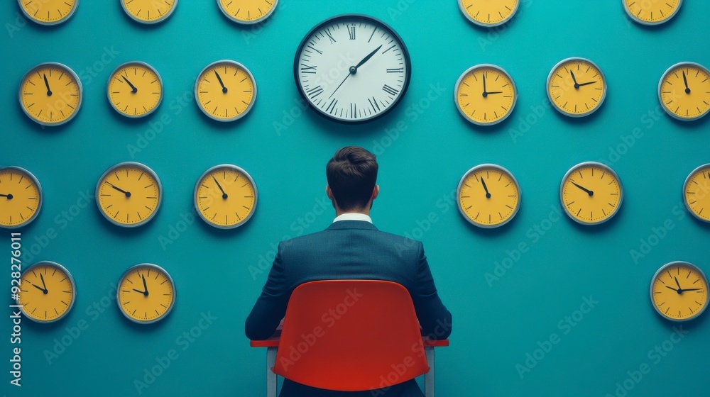 A businessman contemplates time with multiple clocks on the wall, symbolizing the pressure of deadlines and global awareness. A businessman contemplates time with multiple clocks on the wall, symbolizing the pressure of deadlines and global awareness.