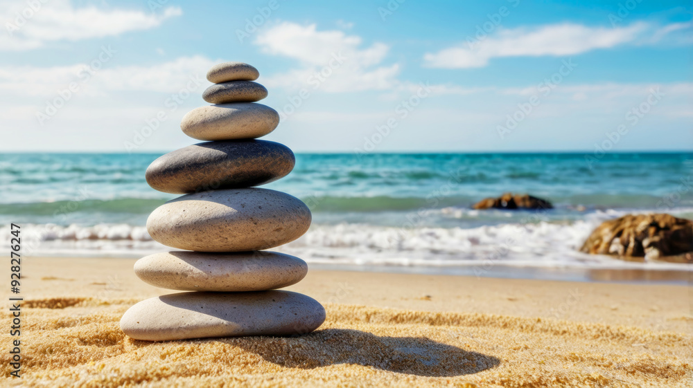 Fototapeta premium Balance of stones on the beach against the background of the sea