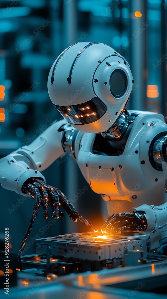 Fototapeta premium Futuristic robot working on a manufacturing line.
