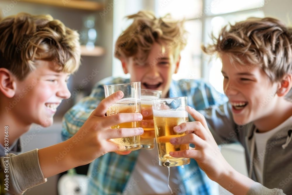 Three happy teenage boys toasting each other, Generative AI Three happy teenage boys toasting each other, Generative AI