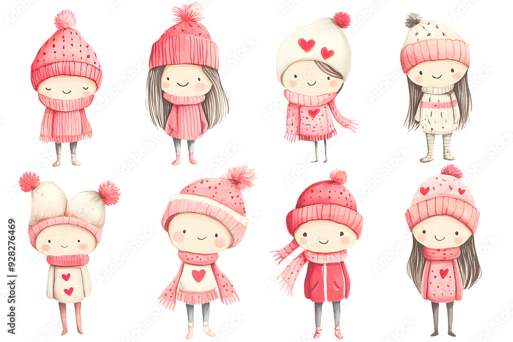 Watercolor style cartoon illustration set of cute girls wearing warm winter clothes, isolated on white background Watercolor style cartoon illustration set of cute girls wearing warm winter clothes, isolated on white background