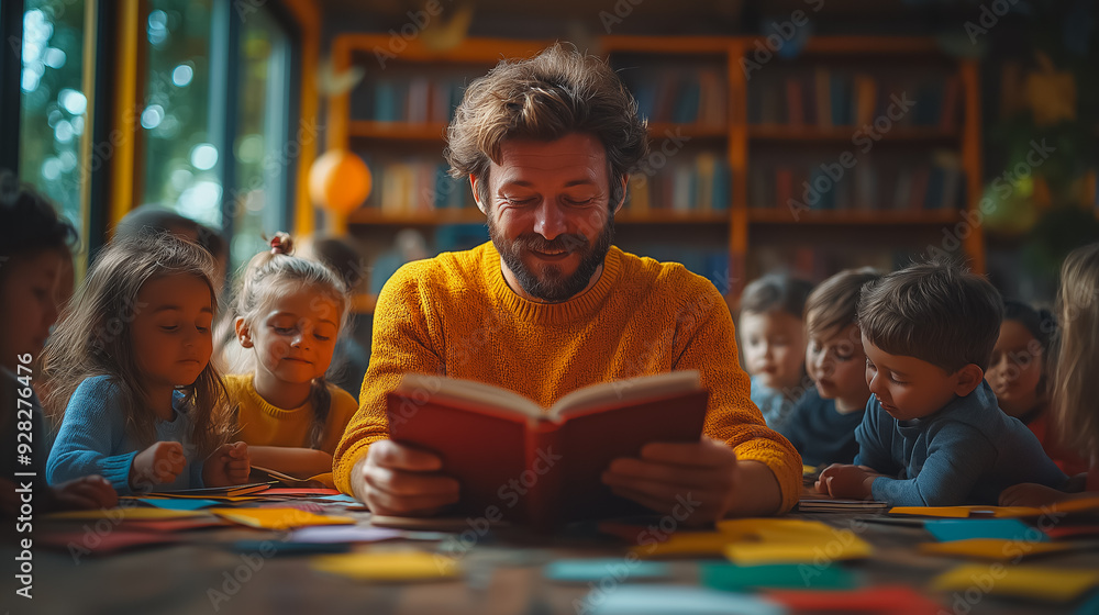 A man is reading a book to a group of children. The children are sitting around him, listening intently A man is reading a book to a group of children. The children are sitting around him, listening intently