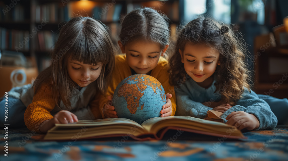 Three young girls are laying on the floor, looking at a book and a globe. They seem to be learning about the world and its geography
