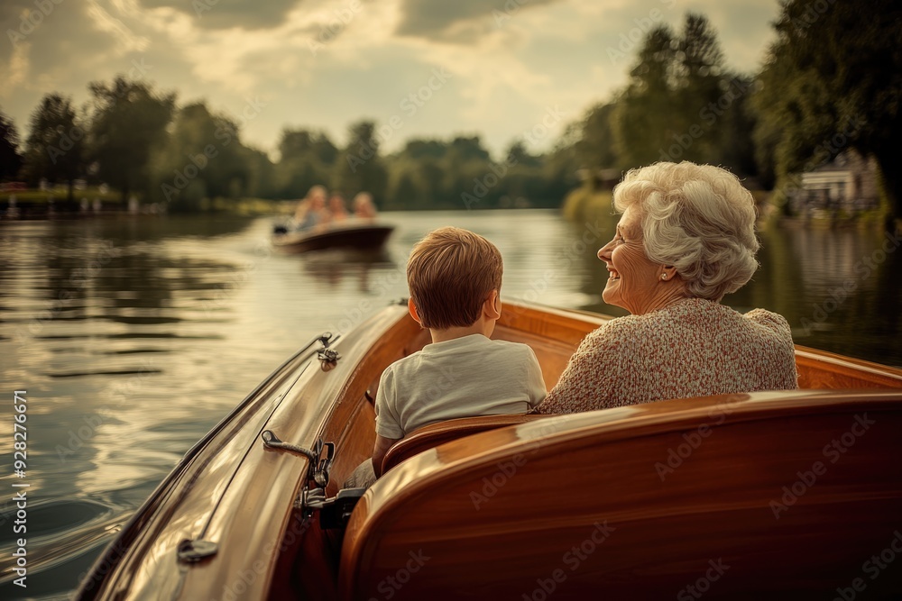 Fototapeta premium High-resolution brightly lit photorealistic candid photograph of a grandmother and grandchild enjoying a boat ride on a tranquil lake, both smiling and taking in the scenic views. The photograph is