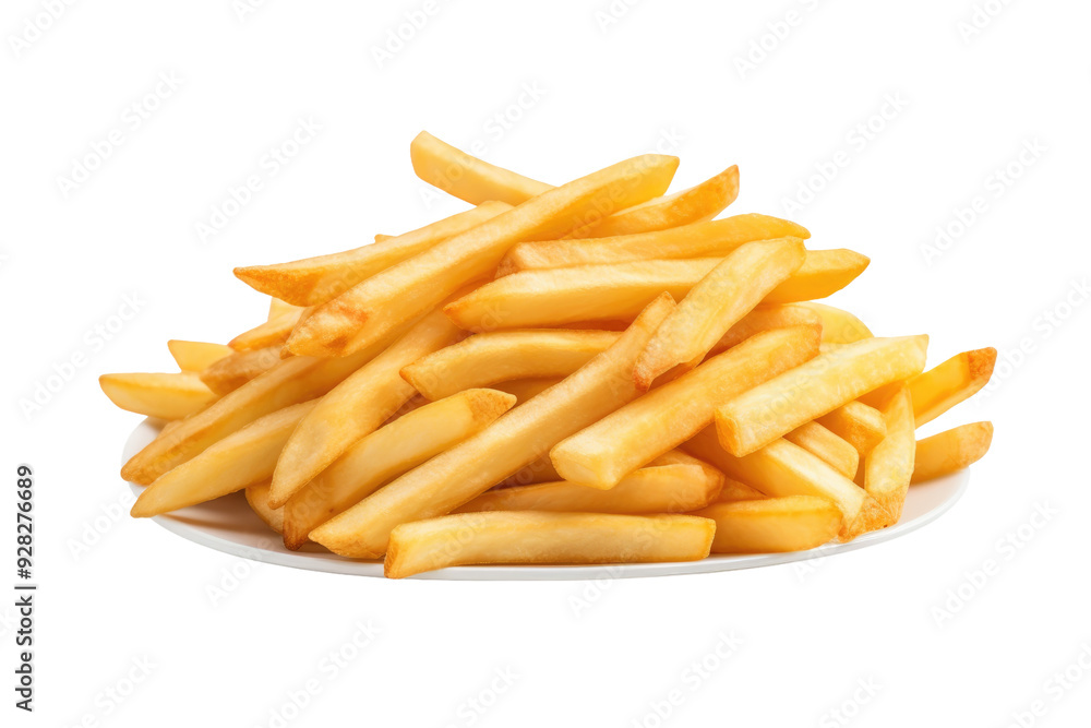 A Golden Pile of Perfectly Fried French Fries on a White Plate on a White or Clear Surface PNG Transparent Background. A Golden Pile of Perfectly Fried French Fries on a White Plate on a White or Clear Surface PNG Transparent Background.