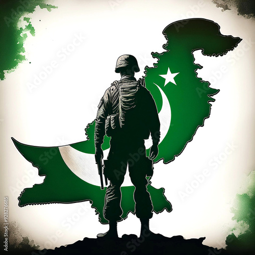 Pakistan Soldier Silhouette with Flag and Map Illustration