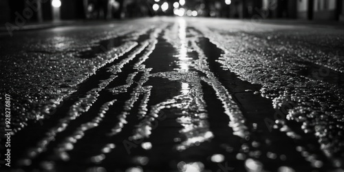 The glowing lights of the city create a shimmering effect in a puddles reflection Black and white art. photo