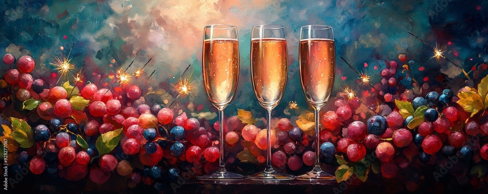 Three elegant champagne glasses filled with sparkling drink, surrounded by vibrant fruits creating a festive atmosphere. Three elegant champagne glasses filled with sparkling drink, surrounded by vibrant fruits creating a festive atmosphere.