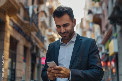 Man in suit making online purchase on smartphone, professional working on the go, urban setting