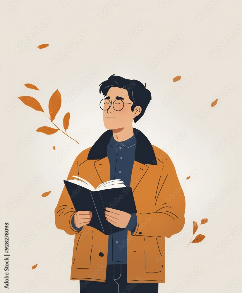 education and business concept. a man standing holding a book. simple flat color illustration education and business concept. a man standing holding a book. simple flat color illustration