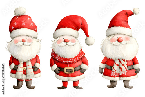 Collection of funny watercolor cartoon Santa. Santa Claus Christmas and New Year set isolated on white background