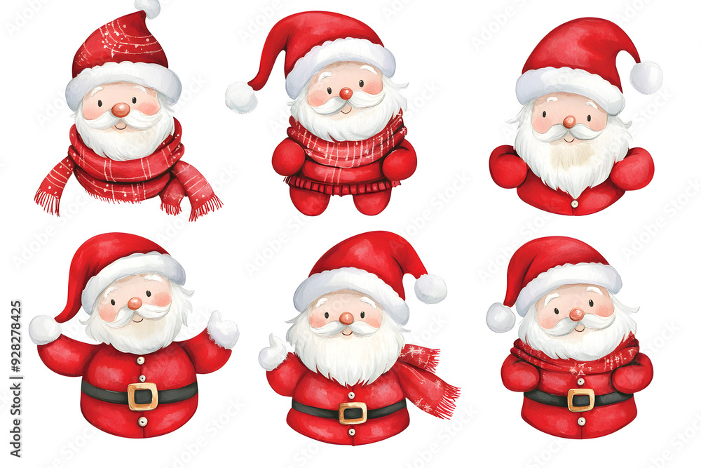 Collection of funny watercolor cartoon Santa. Santa Claus Christmas and New Year set isolated on white background Collection of funny watercolor cartoon Santa. Santa Claus Christmas and New Year set isolated on white background