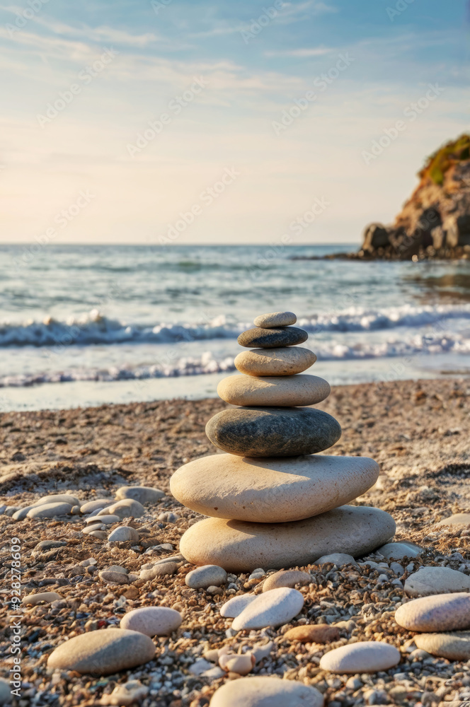 Fototapeta premium Balance of stones on the beach against the background of the sea